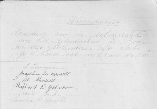 First meeting of Island Council attended by Miss Jones March 9th, 1954