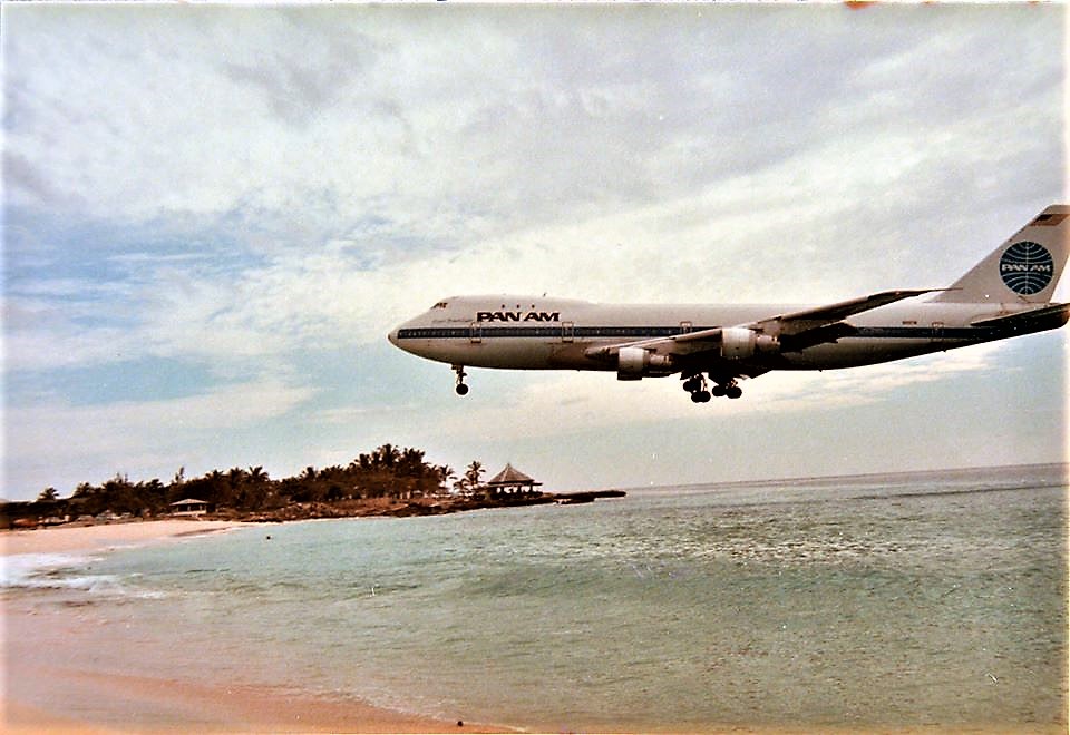 Pan American landing at St. Maarten in the nineteen seventies.